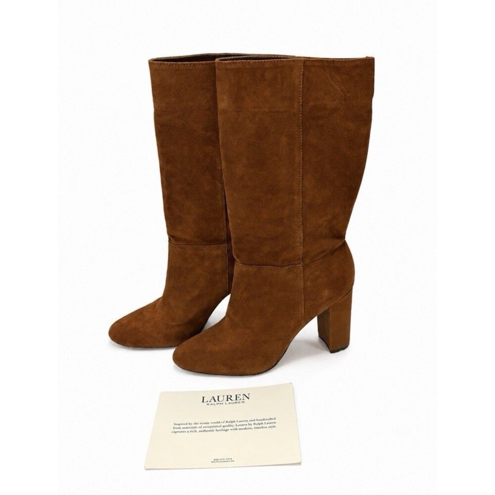 Lauren Ralph Lauren Women's Artizan Suede Mid Calf Boots Size 7B Gold Logo NIB